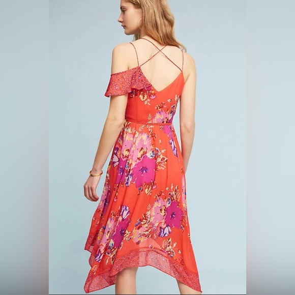 Maeve Grecia Ruffle Midi Dress Sz 0 Red Floral Asymmetrical Flowy Strappy Dress - Picture 13 of 14